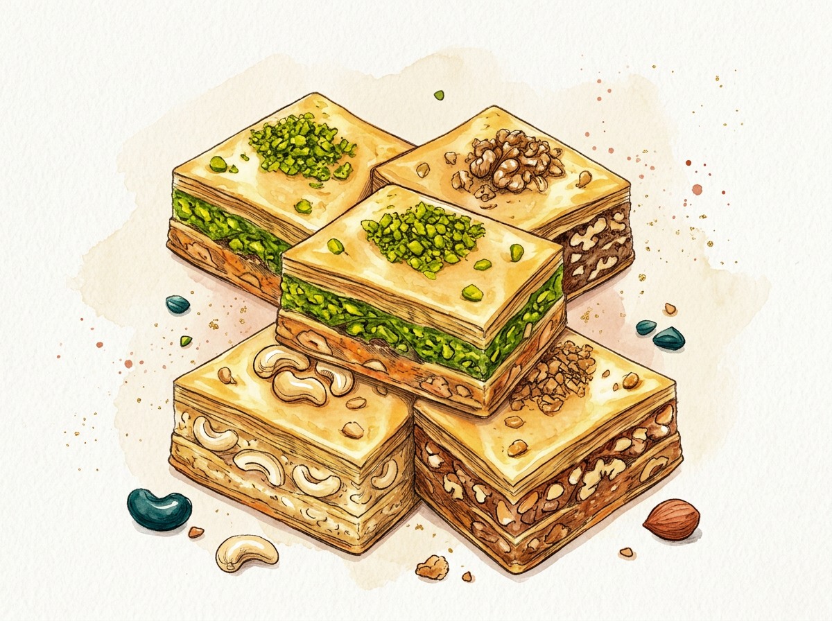 Baklava & Iftar-Mitbringsel kategorisi için suluboya illüstrasyon