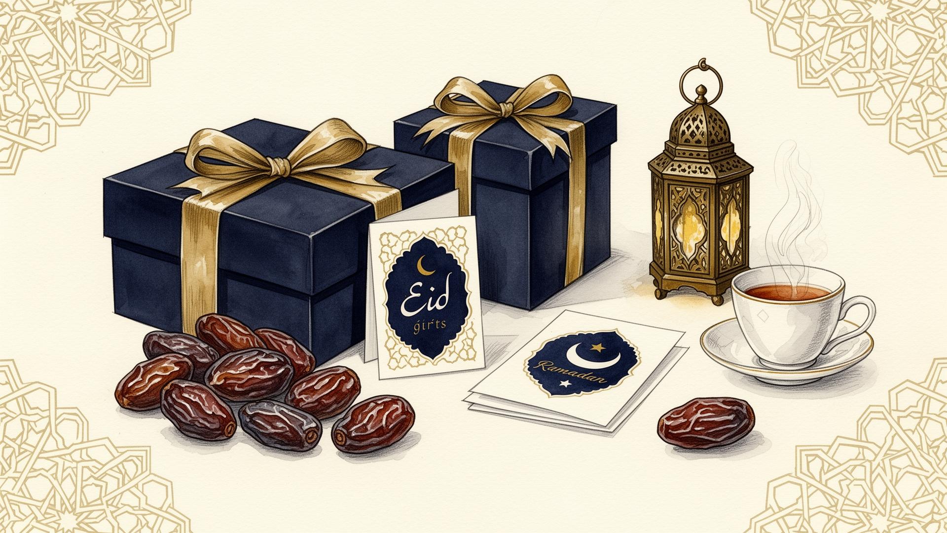 Aquarell-Illustration kuratierter Ramadan- und Eid-Geschenke: Geschenkboxen, Datteln, Laterne, Karten.
